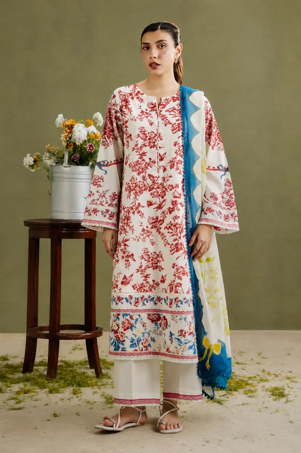 Affordable Printed Lawn 3 Piece Unstitched Suit with Printed Voile Dupatta and Printed Cambric Trouser
