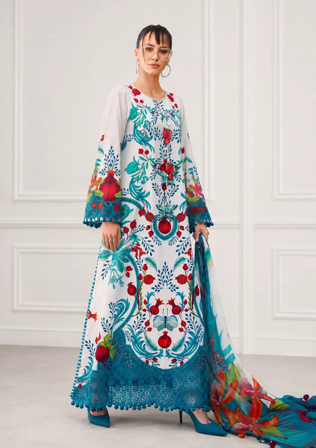 Affordable Printed Lawn 3 Piece Unstitched Suit with Printed Voile Dupatta and Printed Cambric Trouser

