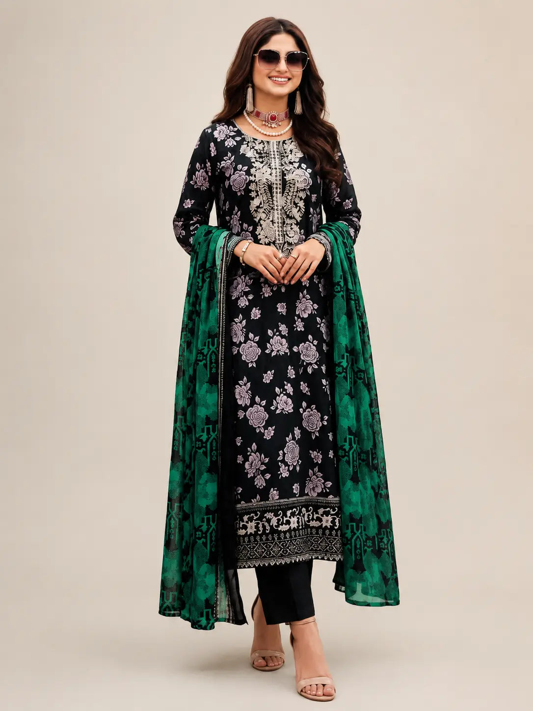 Women's Unstitched 3 Piece Printed Embroidered Lawn Suit with Chiffon Dupatta