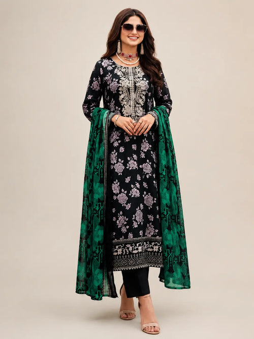 Women's Unstitched 3 Piece Printed Embroidered Lawn Suit with Chiffon Dupatta
