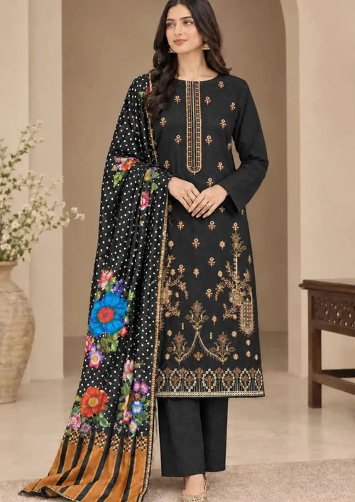 Black Khaddar three piece suit with embroidered shirt and colorful floral printed dupatta
