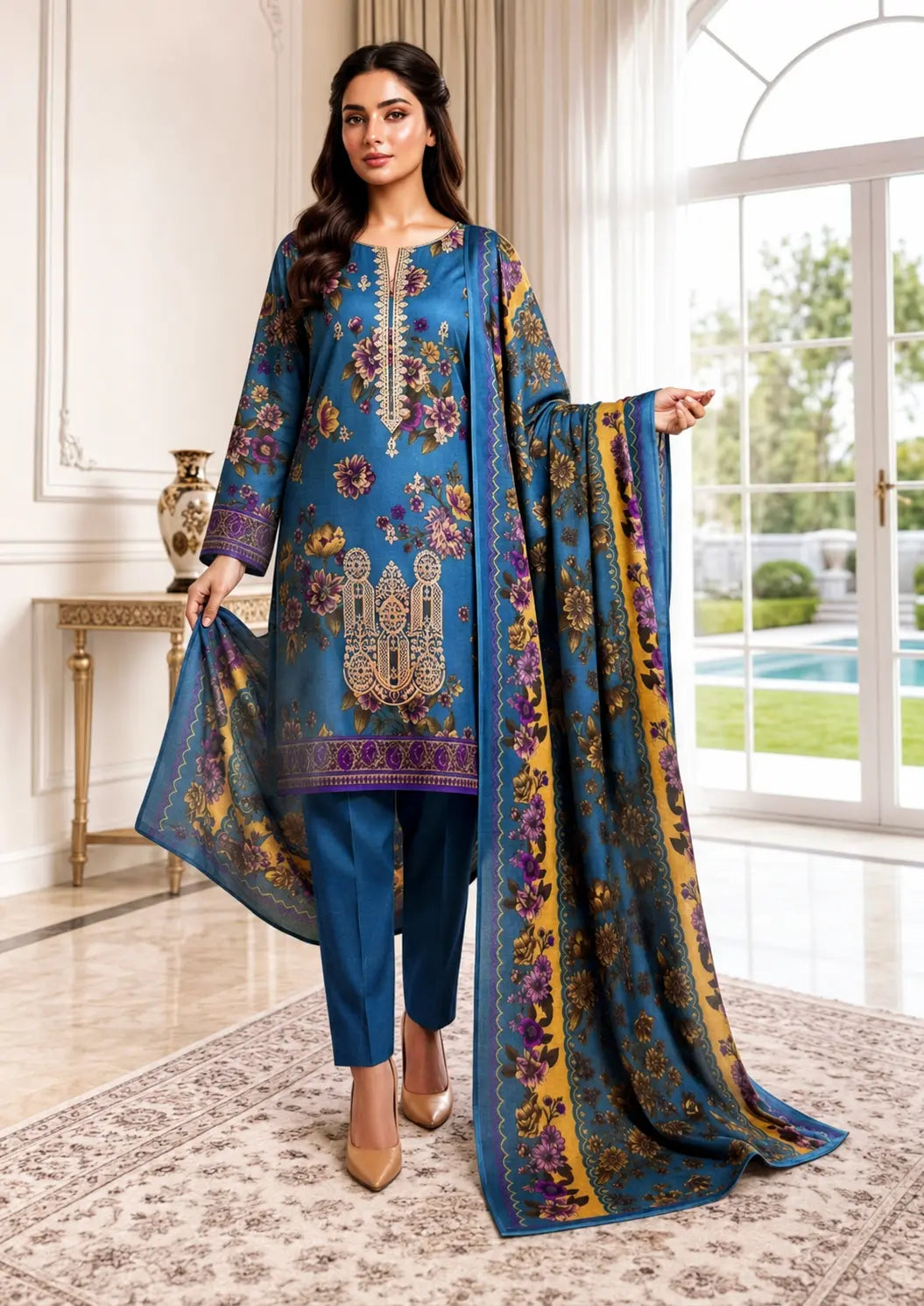 Blue Dhanak Embroidered 3 Piece Winter Suit with Neck and Front Embroidery, Printed Dupatta and Dyed Trouser
