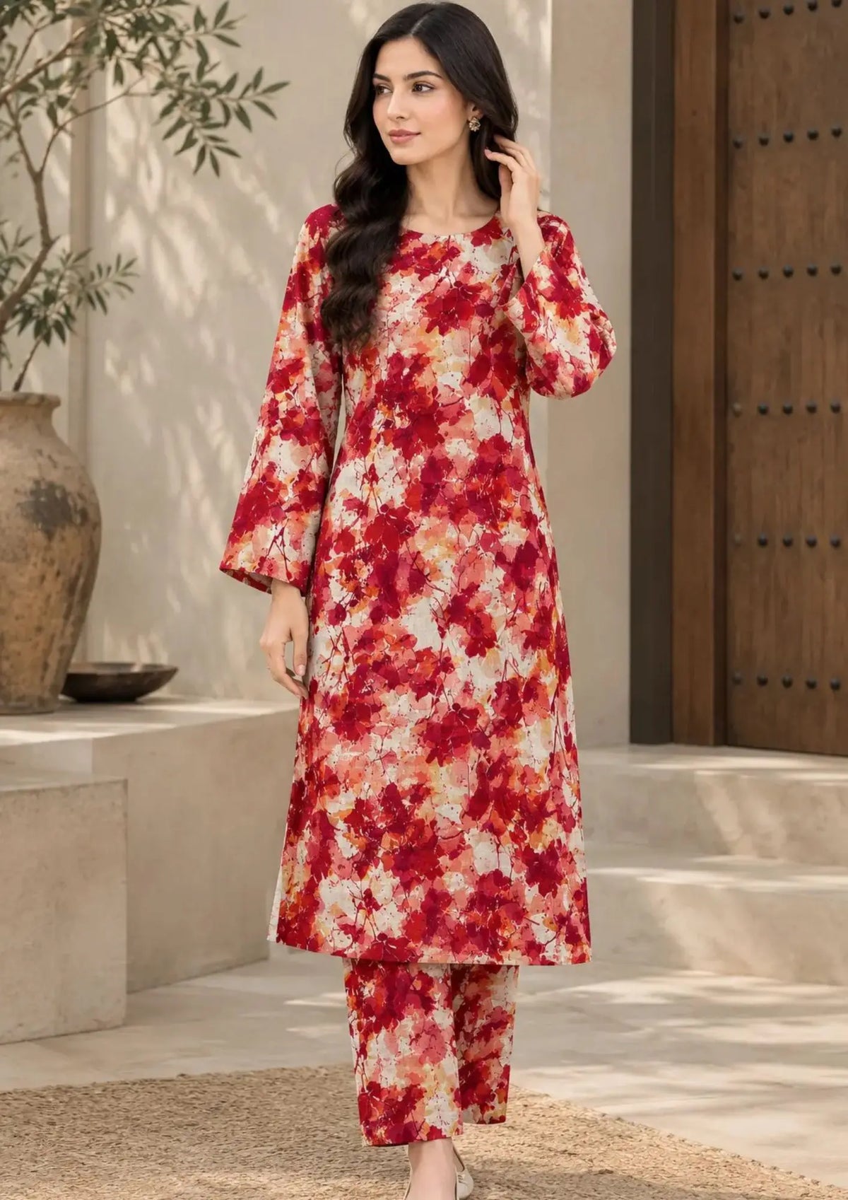Unstitched winter Khaddar outfit with detailed floral print on shirt and trousers

