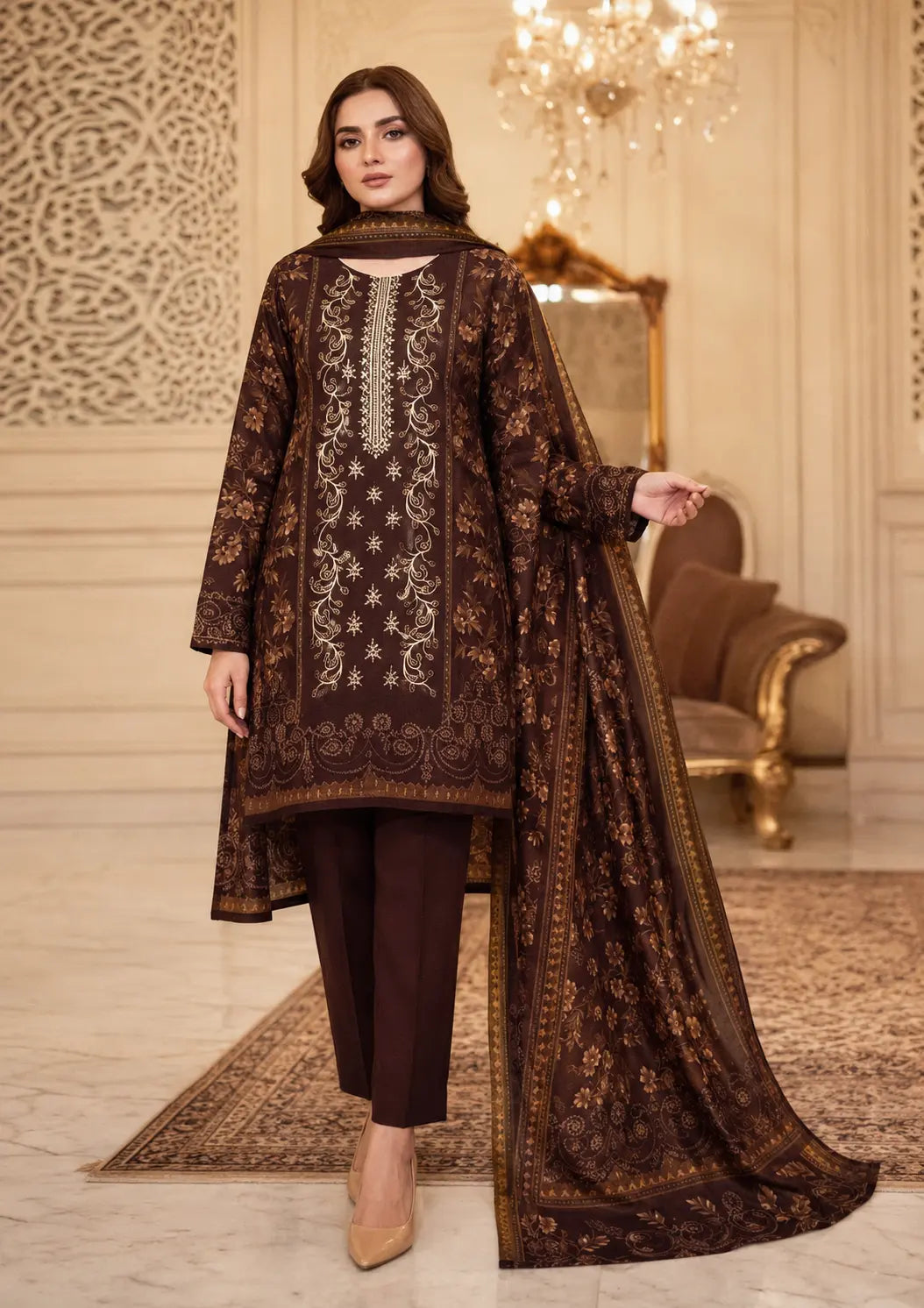 Blue Dhanak Embroidered 3 Piece Winter Suit with Neck and Front Embroidery, Printed Dupatta and Dyed Trouser
