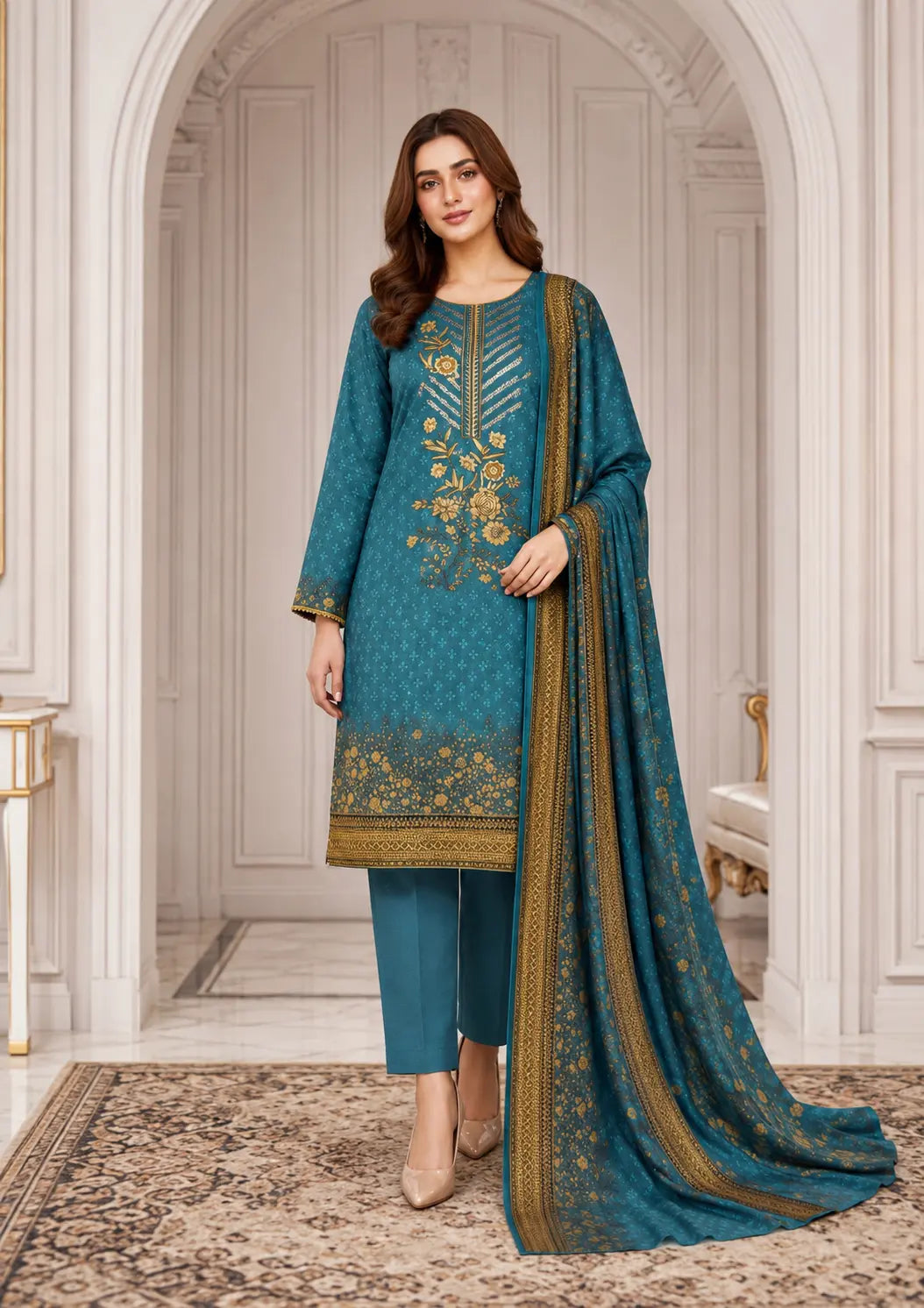 Dhanak Embroidered 3 Piece Winter Suit with Printed Sequin Wool Shawl and Dyed Butta Trouser
