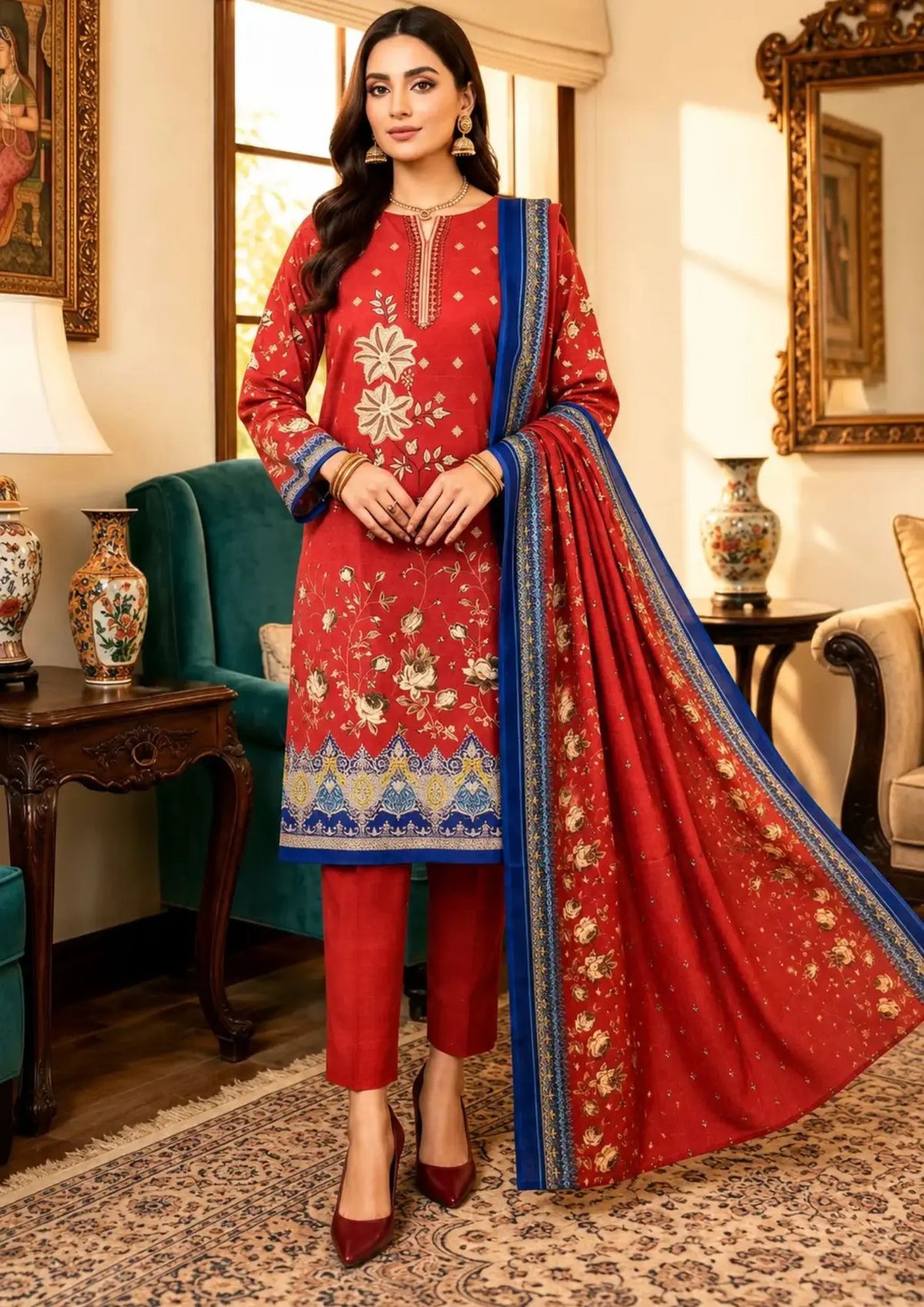 Dhanak Gold Shawl 3 Piece Unstitched Suit with Embroidered Shirt Printed Dupatta and Dyed Trouser
