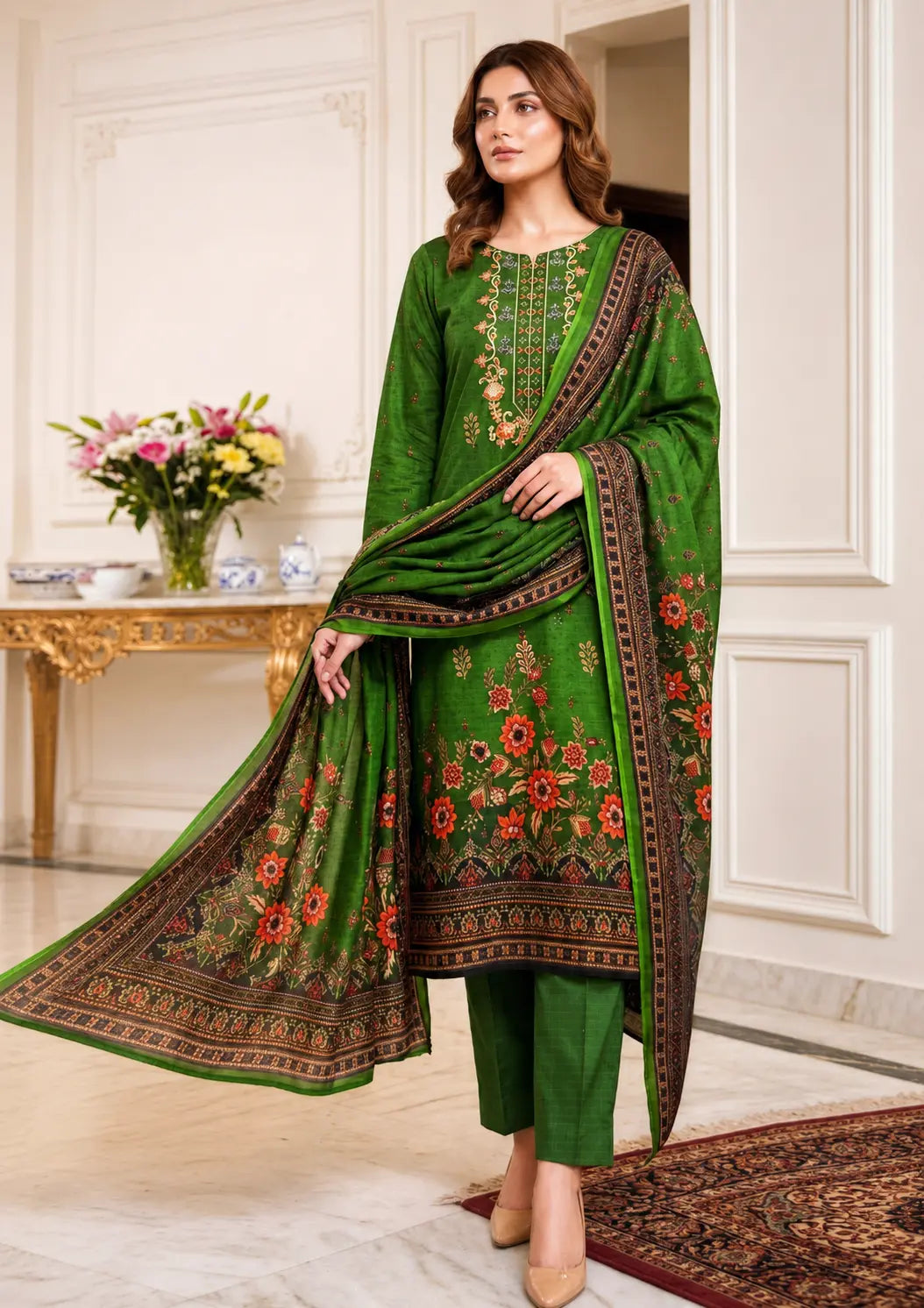 Embroidered Dhanak 3 Piece Winter Suit with Printed Dhanak Wool Shawl Dupatta and Dyed Trouser
