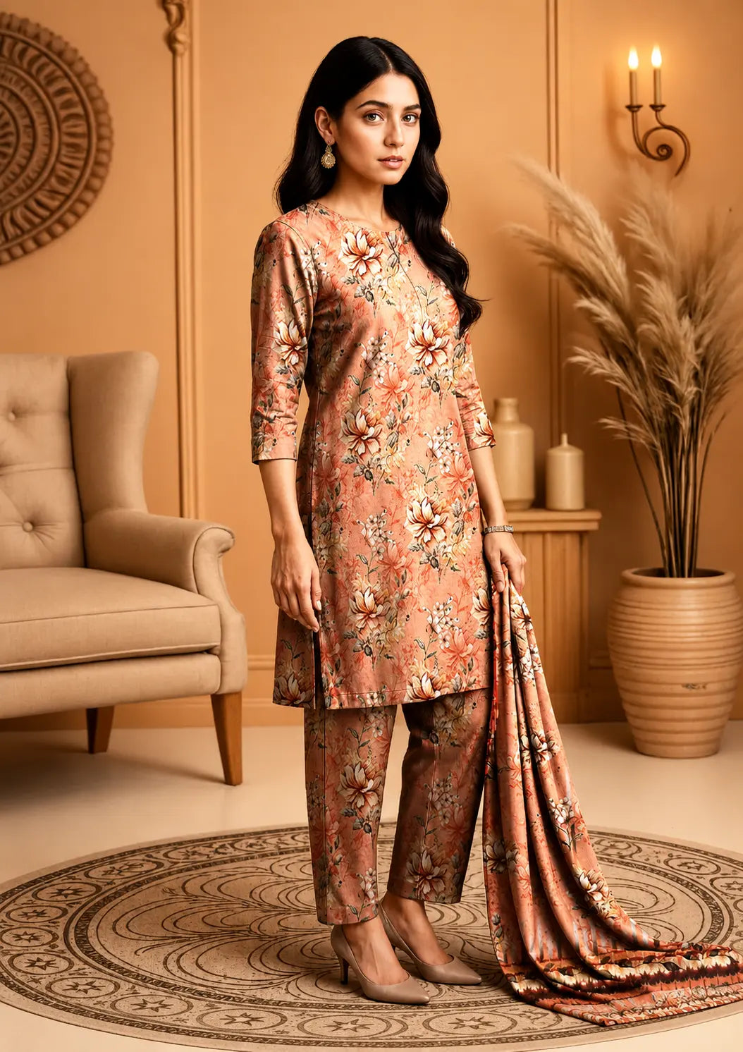 Digital Printed Linen 3 Piece Unstitched Suit with Printed Linen Dupatta and All-Over Printed Trouser
