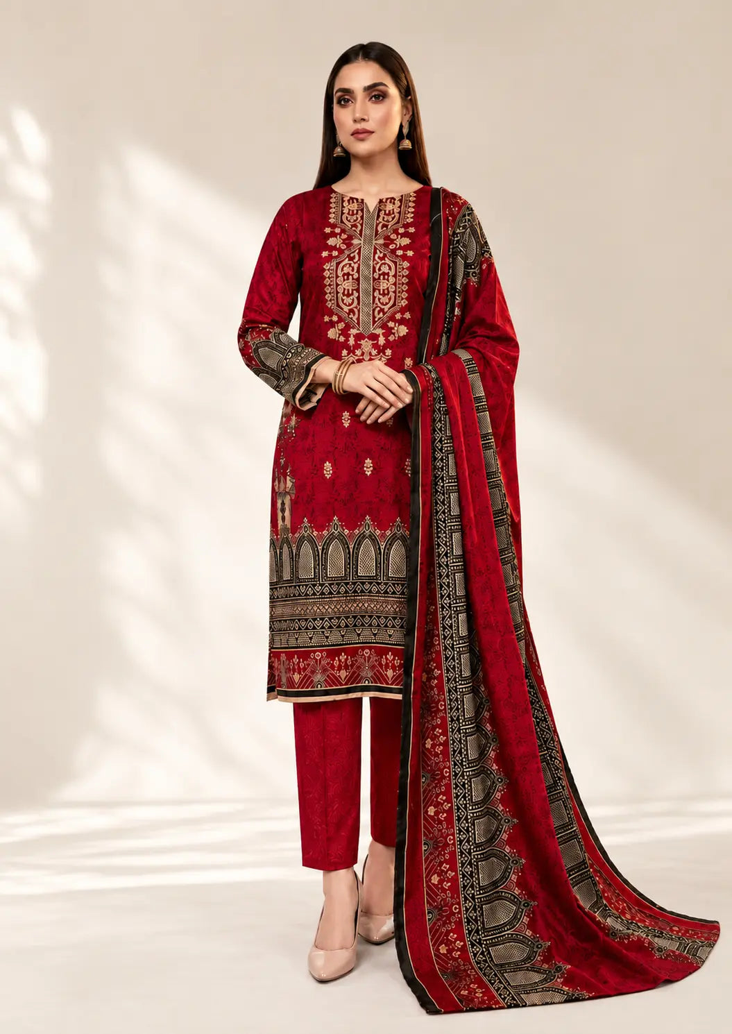 Embroidered Dhanak 3 Piece With Wool Shawl – Printed Dupatta
