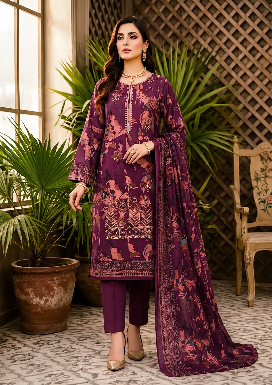 Embroidered Dhanak 3 Piece Suit with Printed Wool Shawl Dupatta and Dyed Trouser
