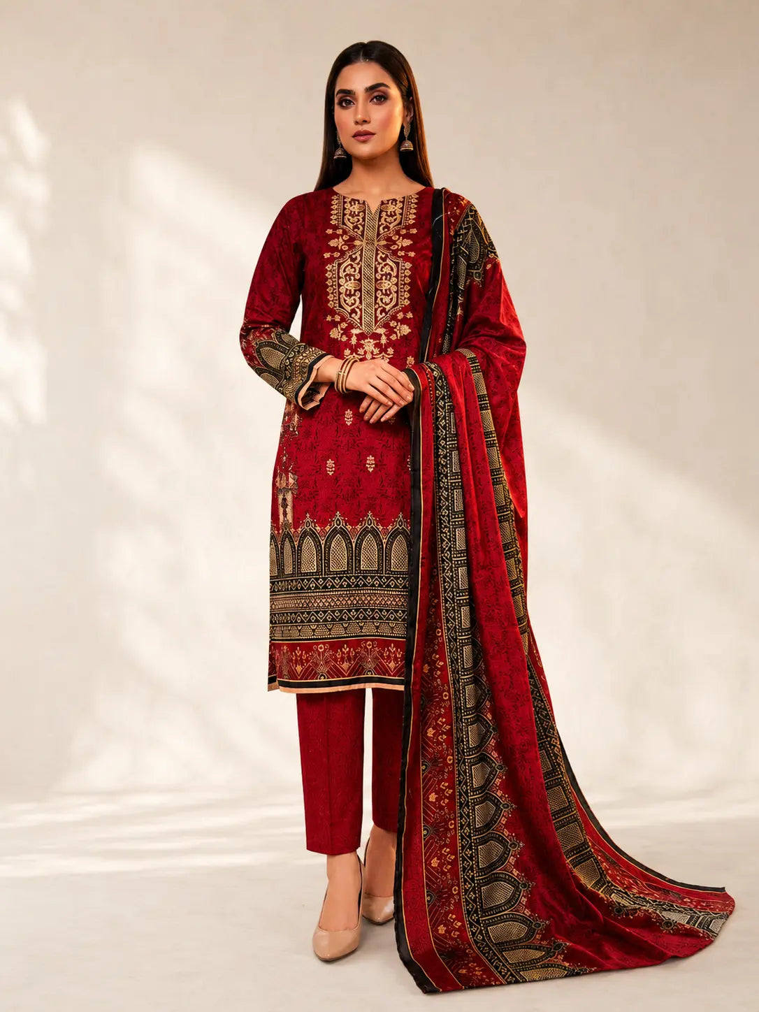 Embroidered Dhanak Wool Shawl 3 Piece Unstitched Suit with Printed Dupatta and Dyed Trouser
