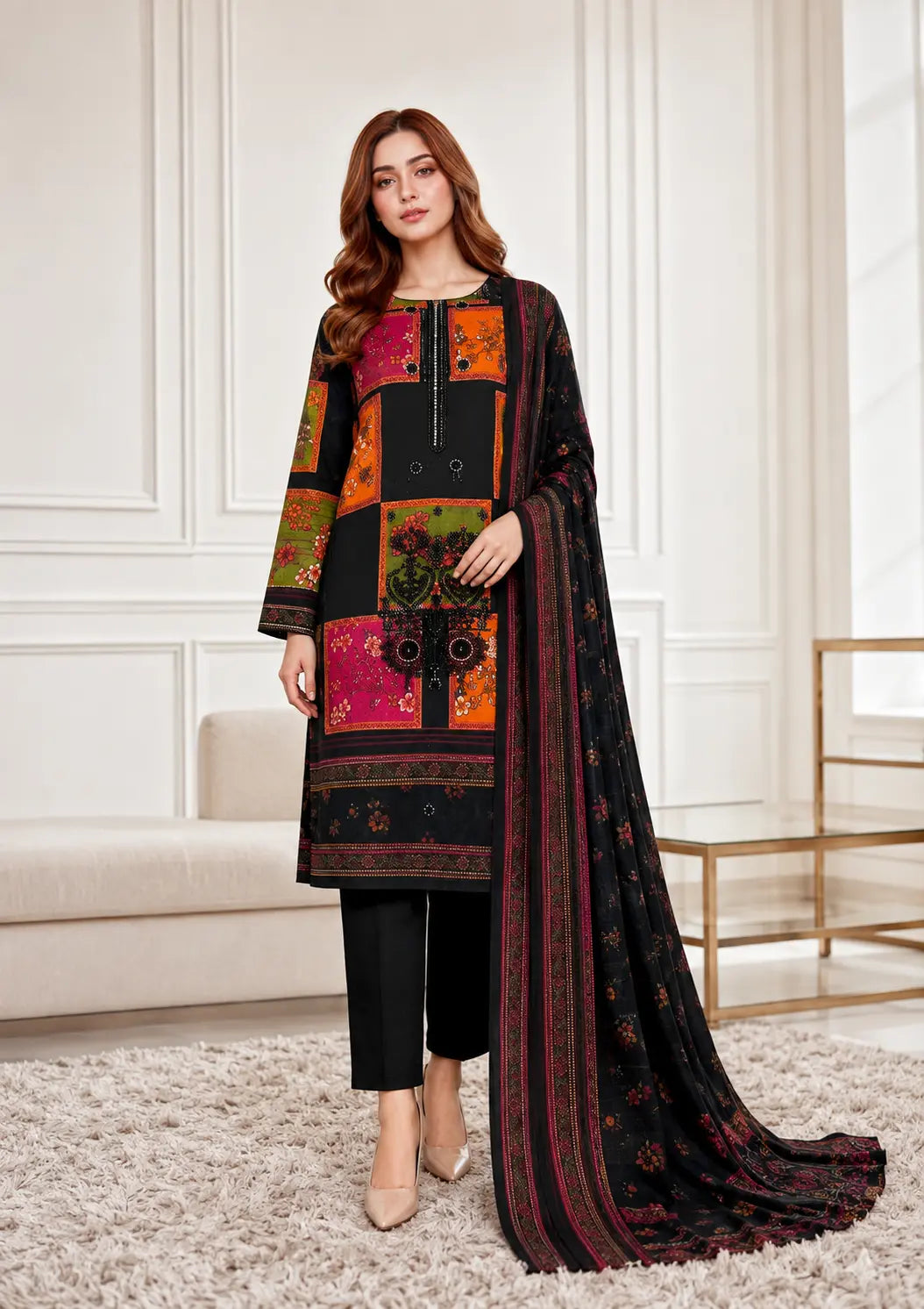 Embroidered Front 3 Piece Unstitched Suit with Statement Shirt, Printed Dupatta and Dyed Trouser
