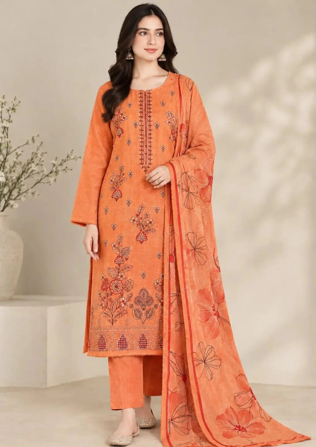 Purple Embroidered Khaddar 3 Piece Suit with Printed Dupatta and Plain Trouser
