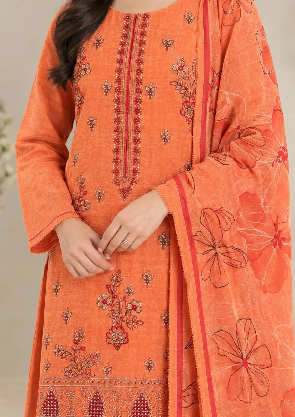 Embroidered Khaddar 3 Piece Suit with Printed Dupatta and Plain Trouser
