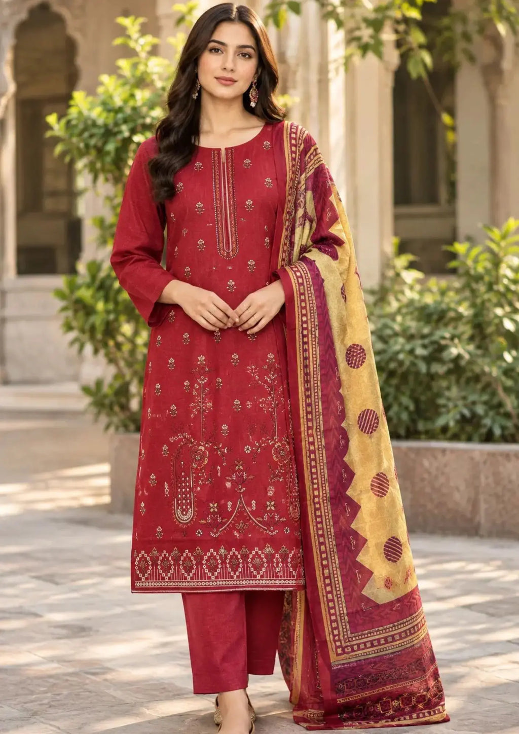 Unstitched Khaddar three piece featuring an embroidered shirt, plain trouser and printed dupatta
