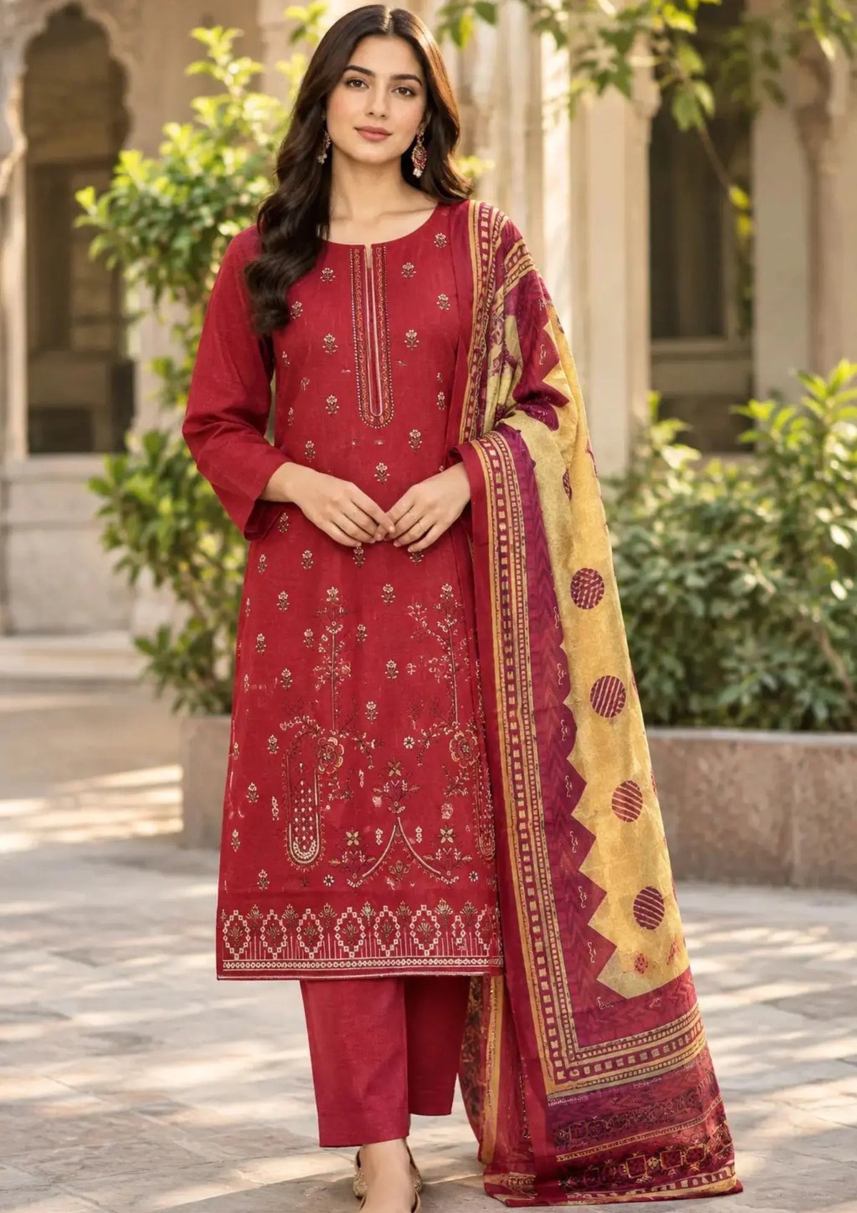 Unstitched Khaddar three piece featuring an embroidered shirt, plain trouser and printed dupatta
