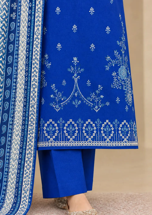 Unstitched embroidered shirt ensemble paired with a patterned dupatta and plain trouser
