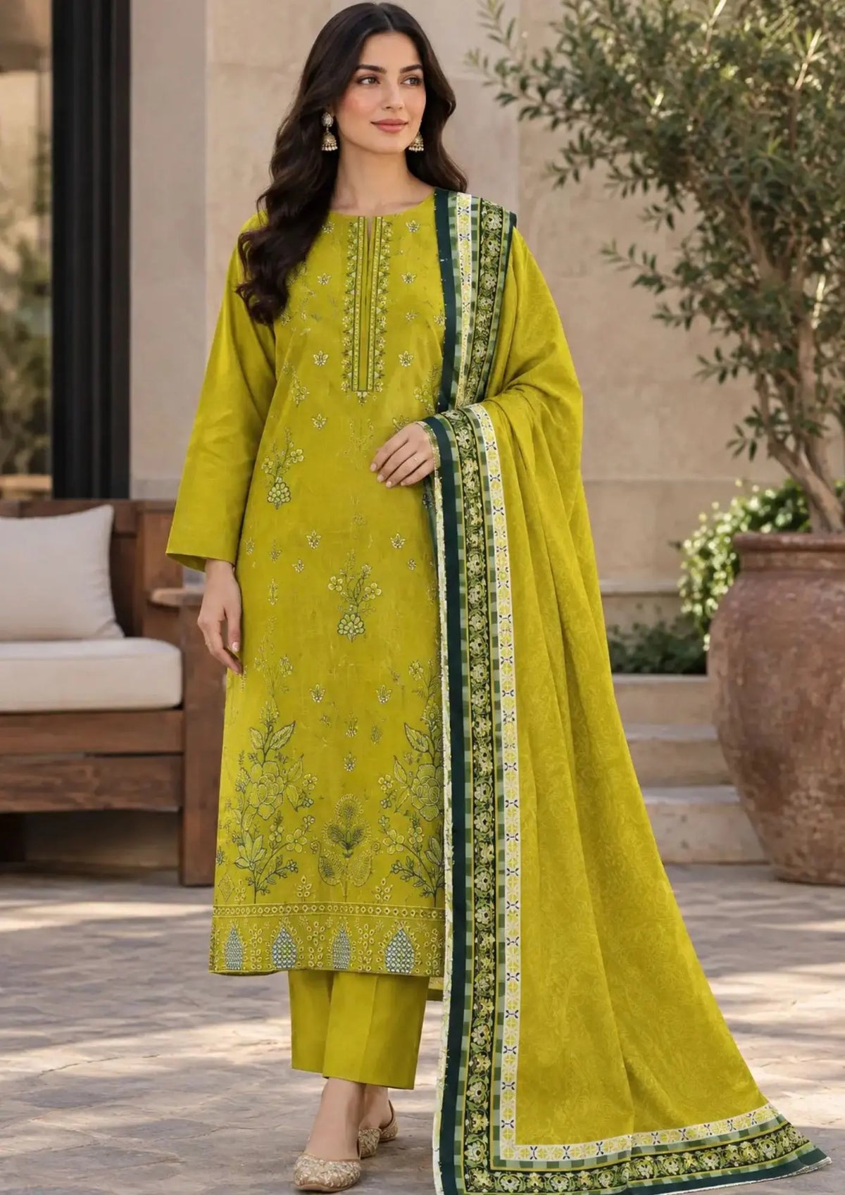 Winter unstitched three piece featuring detailed embroidered shirt front, plain trouser and patterned dupatta

