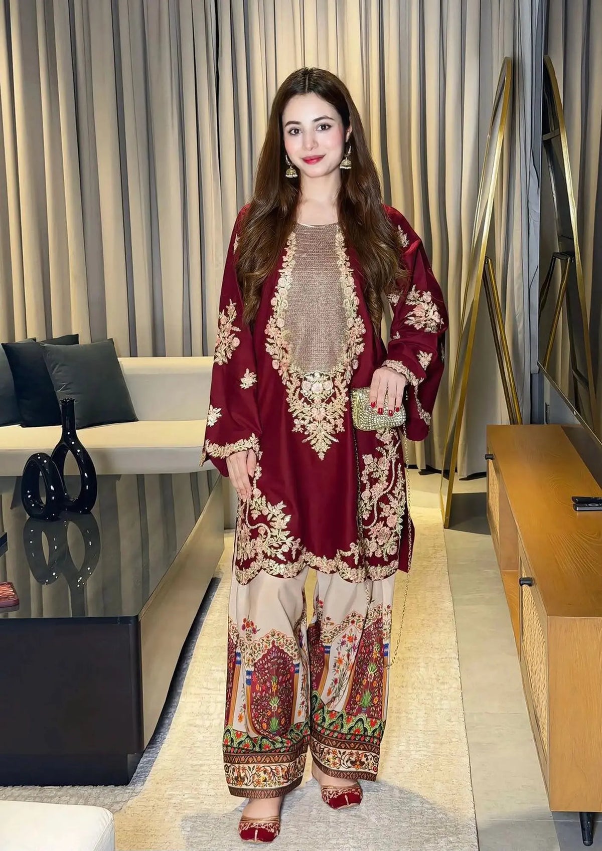 Ethnic Premium Silk Unstitched 2 Piece Embroidered Suit with Digital Print Silk Trouser – Maroon featuring a fully heavy embroidered silk front, embroidered sleeves, paired with a matching digital printed silk trouser.