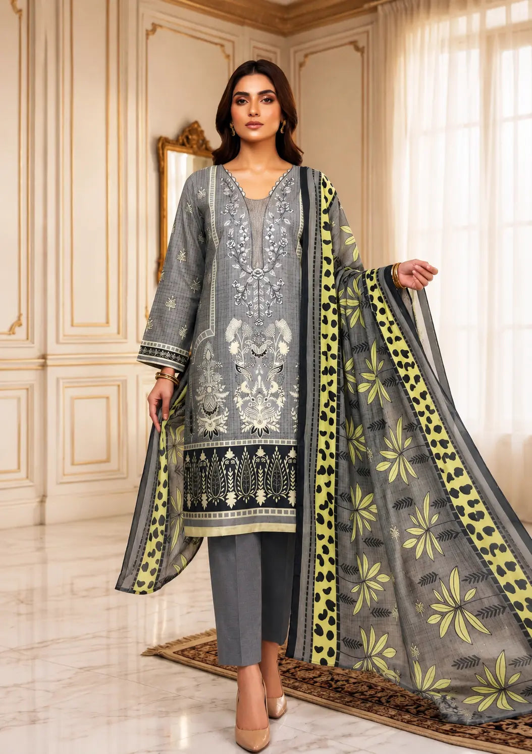 Five Star Dhanak Wool 3 Piece Unstitched Winter Suit with Embroidered Shirt, Printed Wool Shawl and Dyed Trouser
