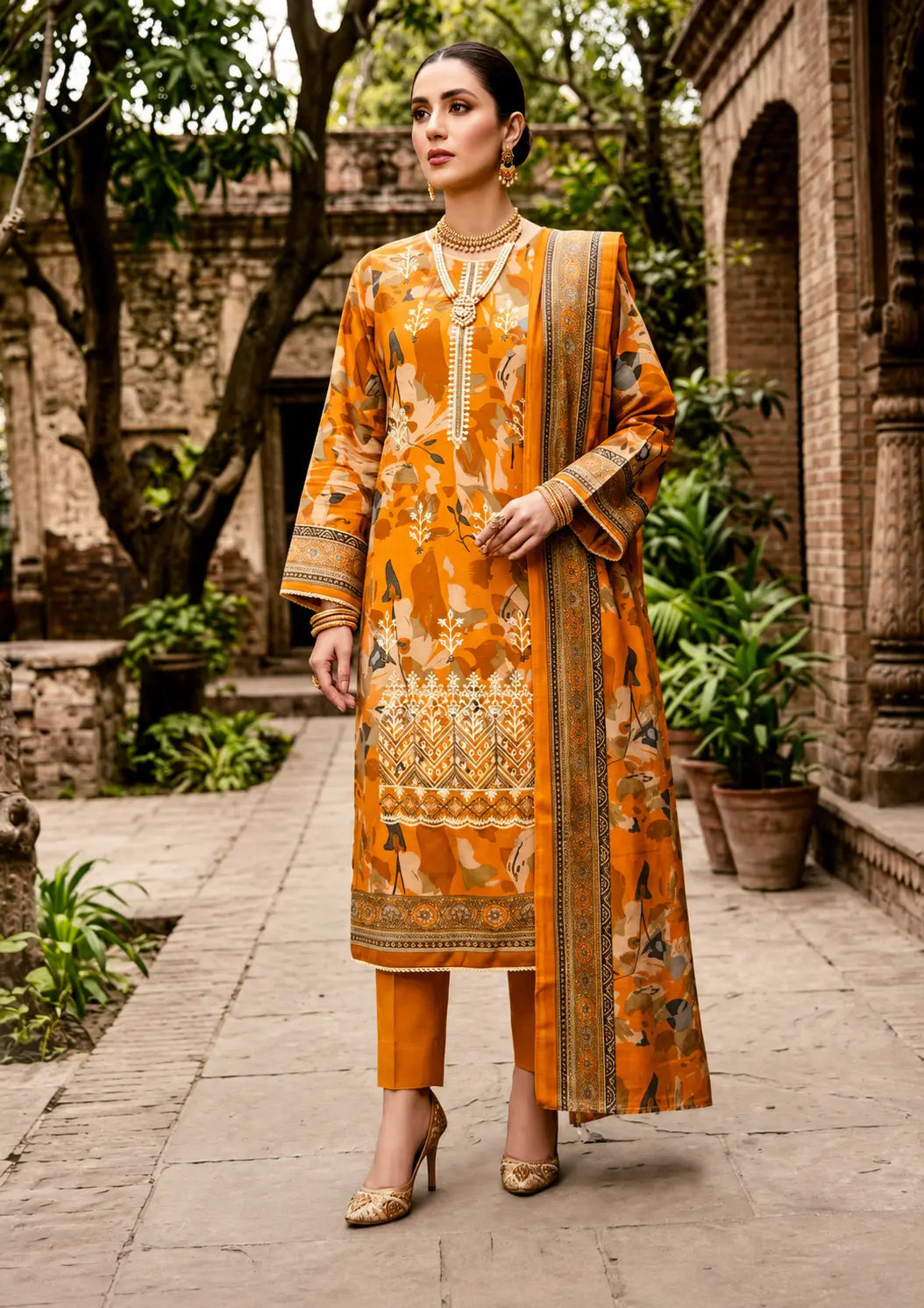 Five Star Dhanak Wool Shawl 3 Piece Unstitched Suit with Embroidered Shirt Printed Dupatta and Dyed Trouser
