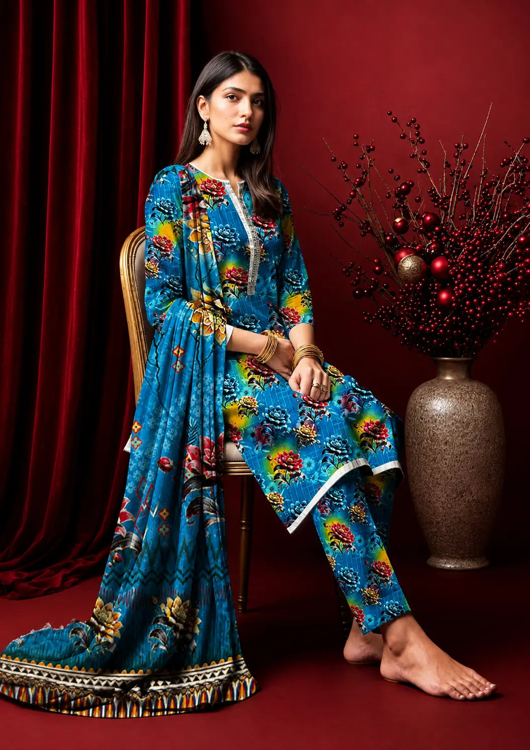 Green Floral Digital Printed Linen 3 Piece Unstitched Suit with Printed Linen Dupatta and All-Over Printed Trouser
