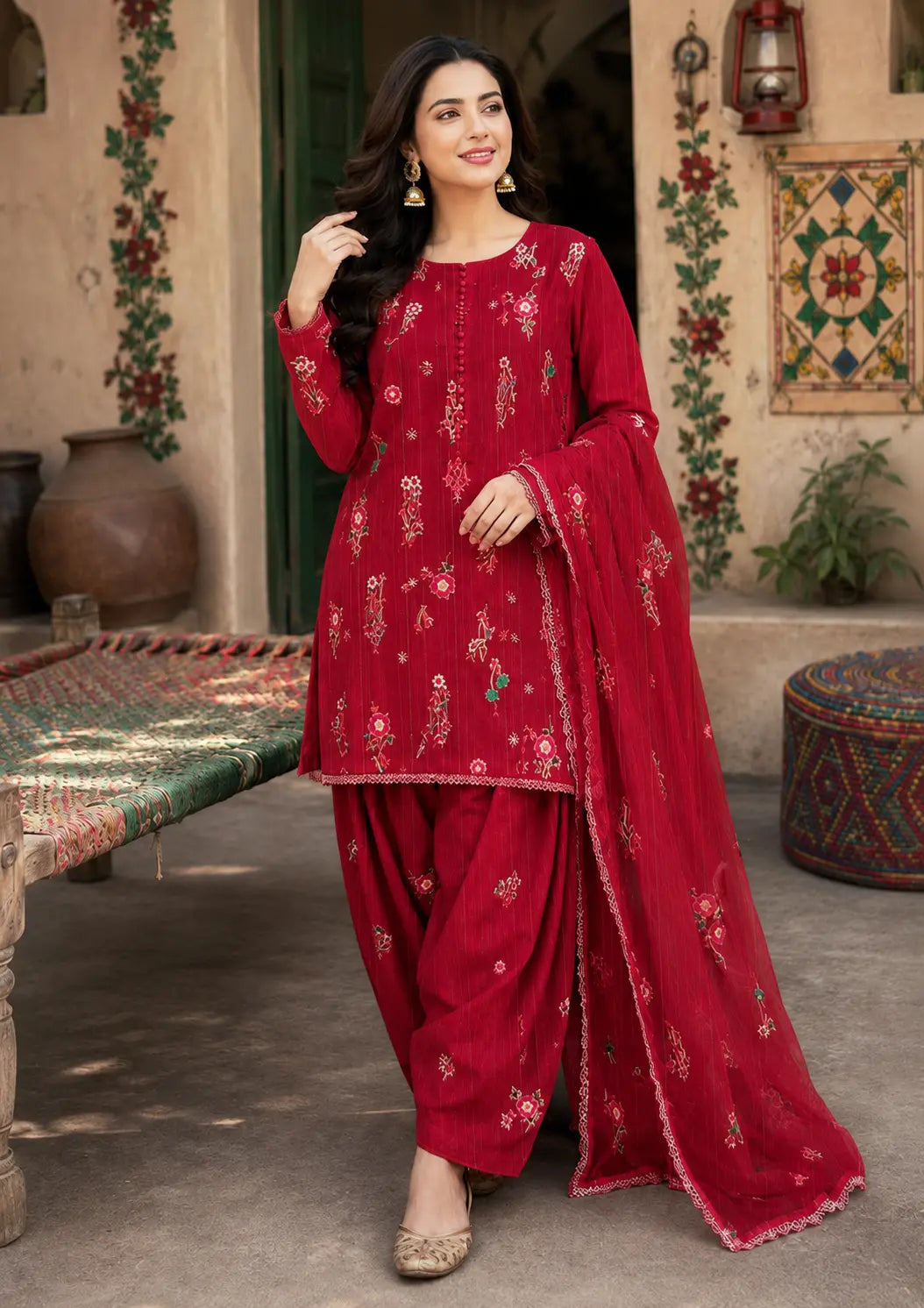 Indian Booti Style Embroidered 3 Piece Unstitched Winter Suit with Ready-to-Wear Lace Detailed Dupatta

