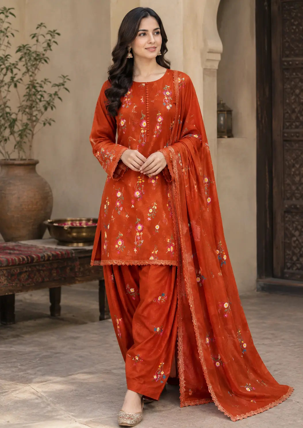 Indian Booti Style 3 Piece Embroidered Winter Suit with Ready-to-Wear Dupatta