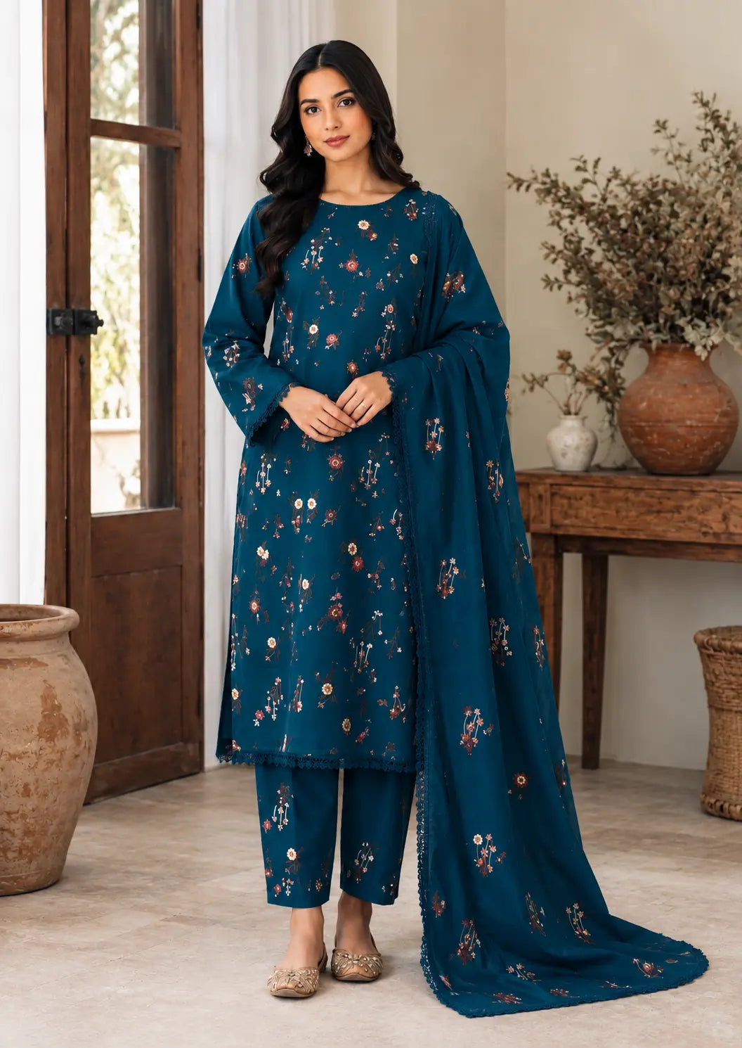 Indian_Booti_Style_3_Piece_Embroidered_Winter_Suit_with_Ready-to-Wear_Dupatta_Black Dep Blue