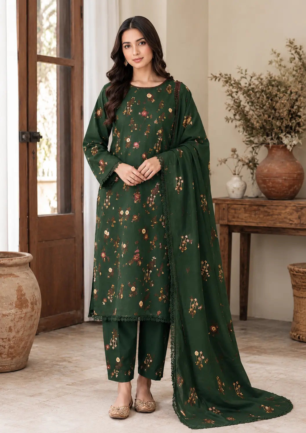 Indian_Booti_Style_3_Piece_Embroidered_Winter_Suit_with_Ready-to-Wear_Dupatta_Black Sea Green