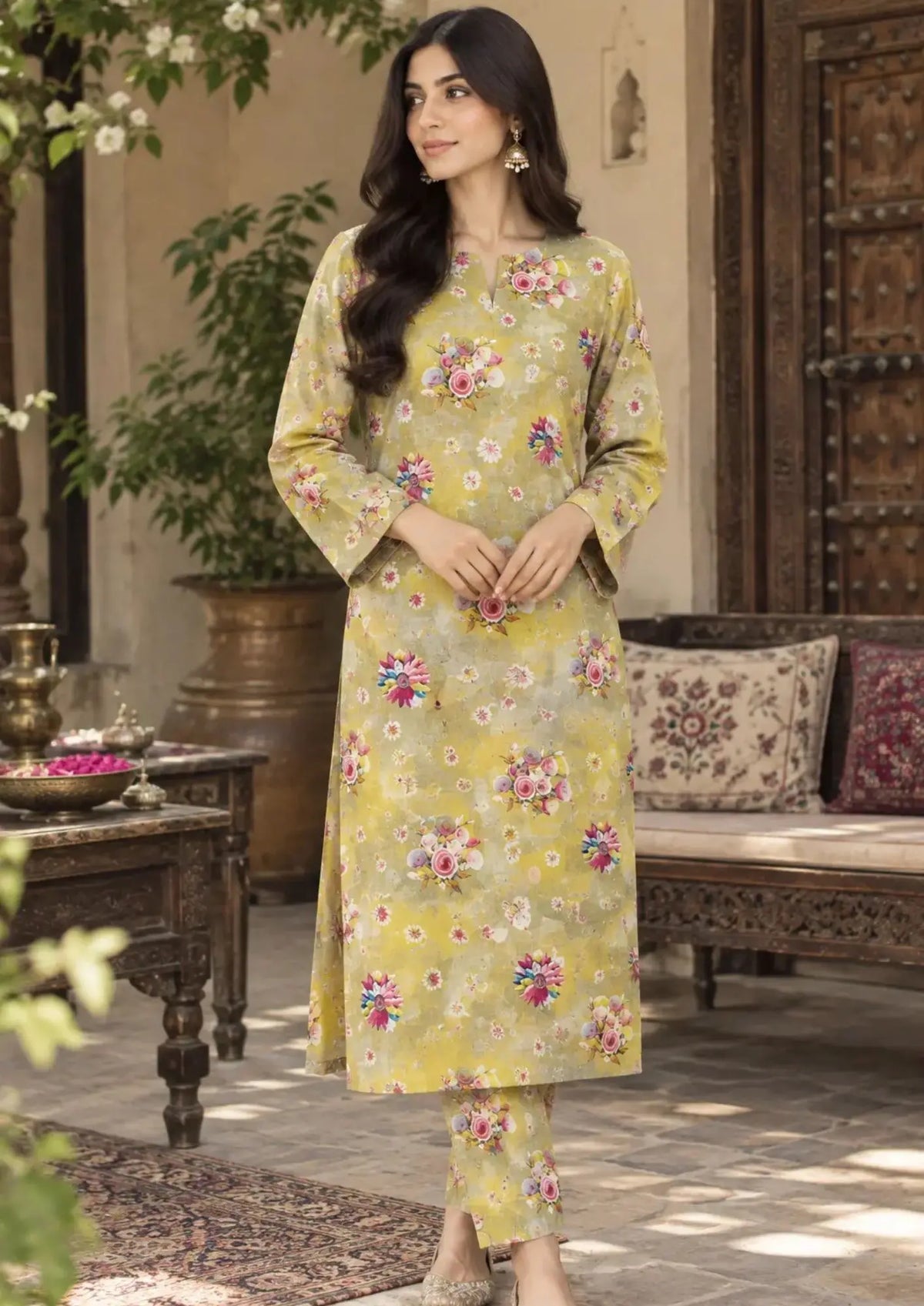 Floral print winter two piece featuring Bhim Khaddar shirt and printed trousers
