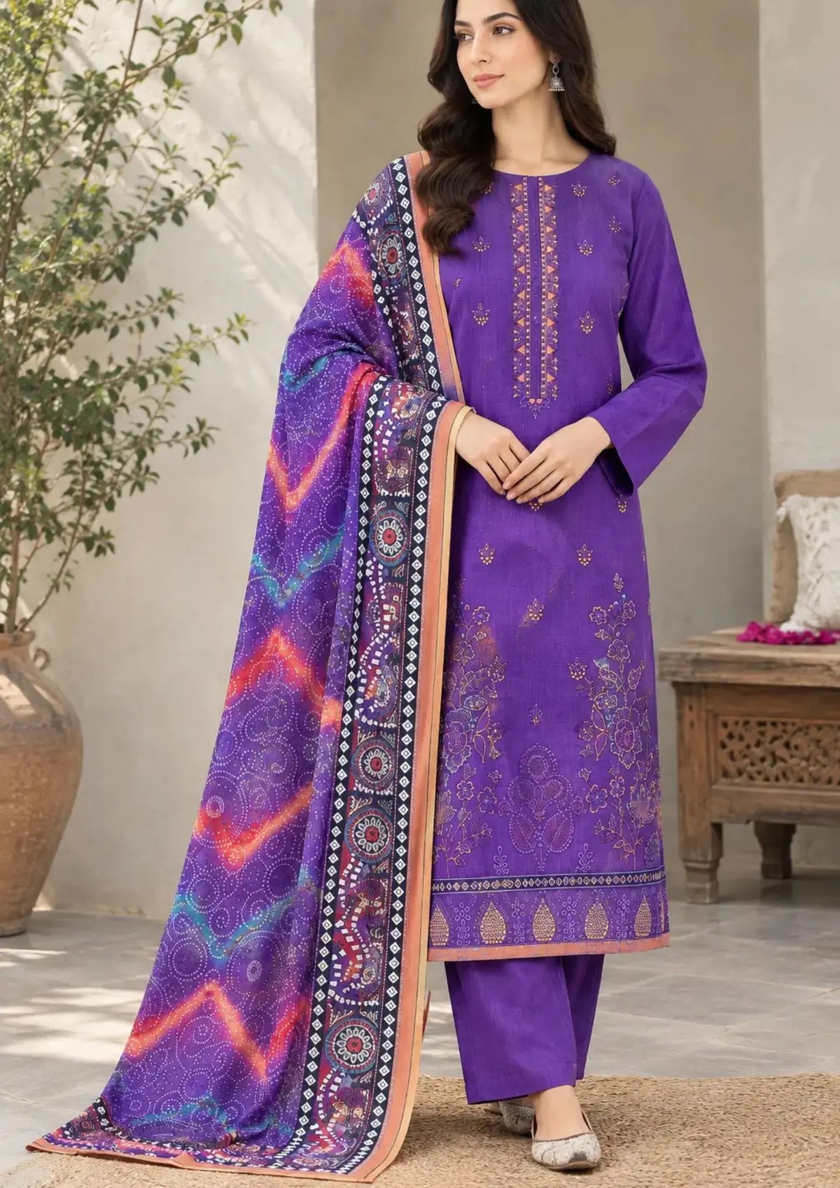 Embroidered Khaddar 3 piece suit with printed dupatta and plain trouser
