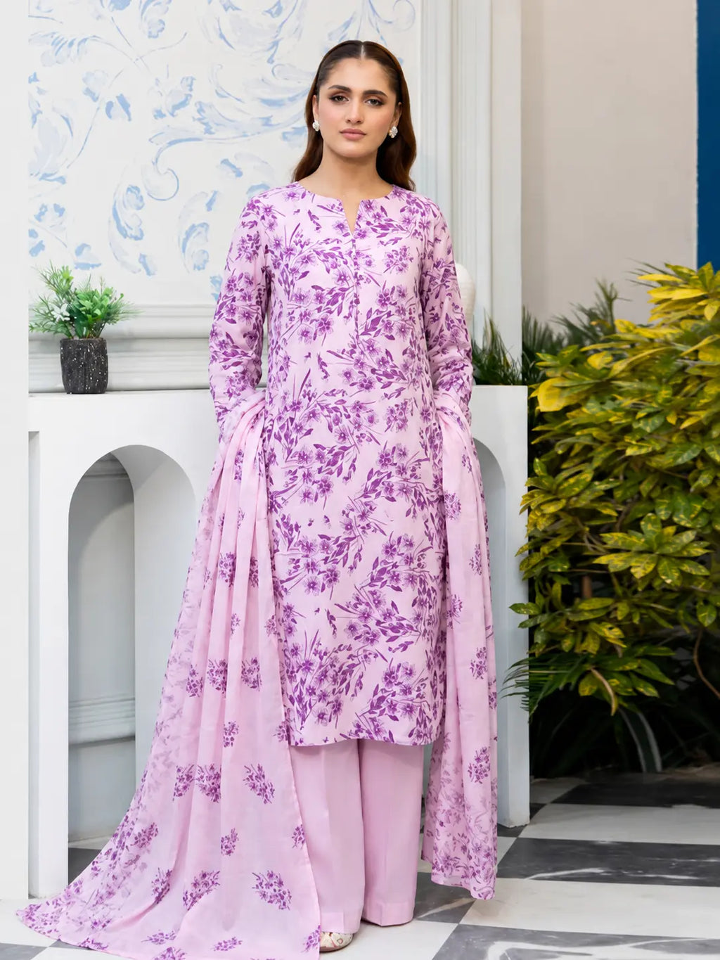 Premium Lawn Digital Print 3 Piece Unstitched Suit for Women with Voile Dupatta & Airjet Cotton Trouser
