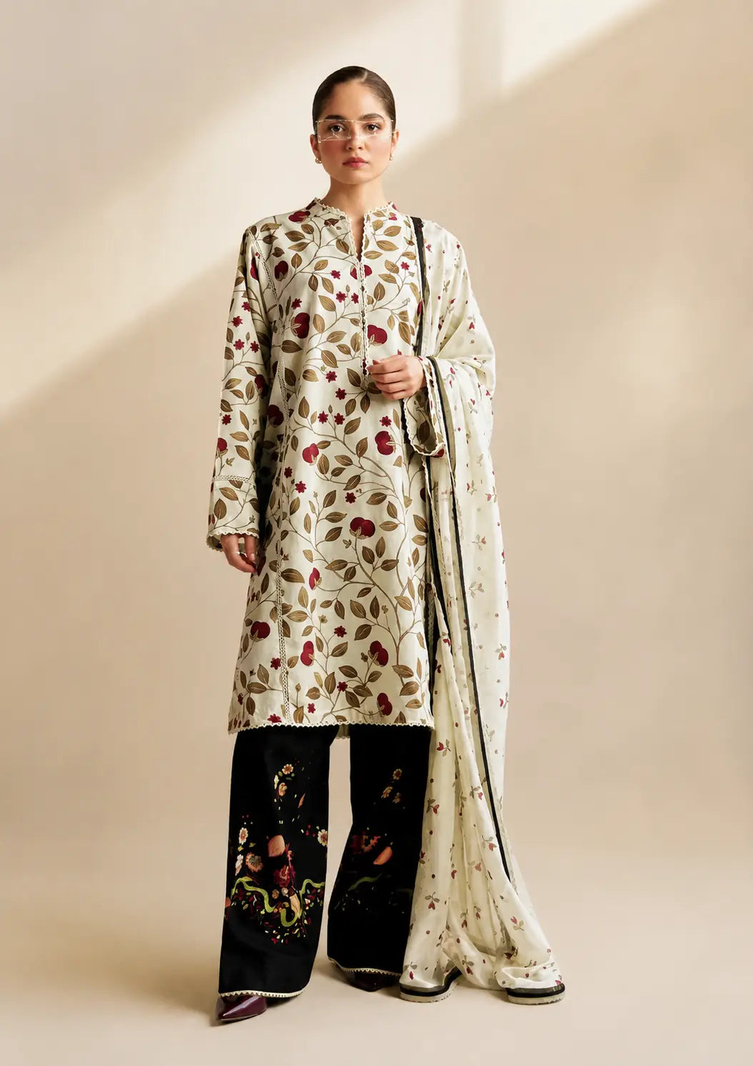 Light Blue and White Digital Printed Lawn 3 Piece Suit with Red Leaf Print, Black Printed Trouser and White Dupatta
