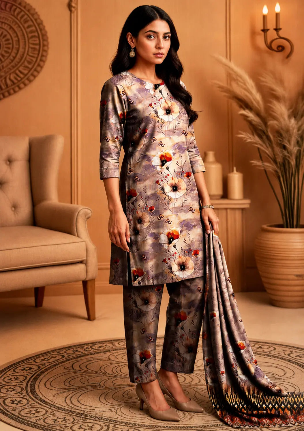 Linen Buta Digital Printed 3 Piece Unstitched Winter Suit with Printed Linen Shirt Dupatta and All-Over Printed Trouser
