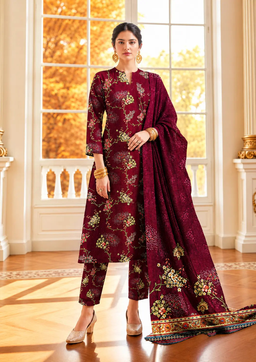 Linen Bloom Digital Printed 3 Piece Unstitched Winter Suit with Printed Linen Shirt Dupatta and Trouser
