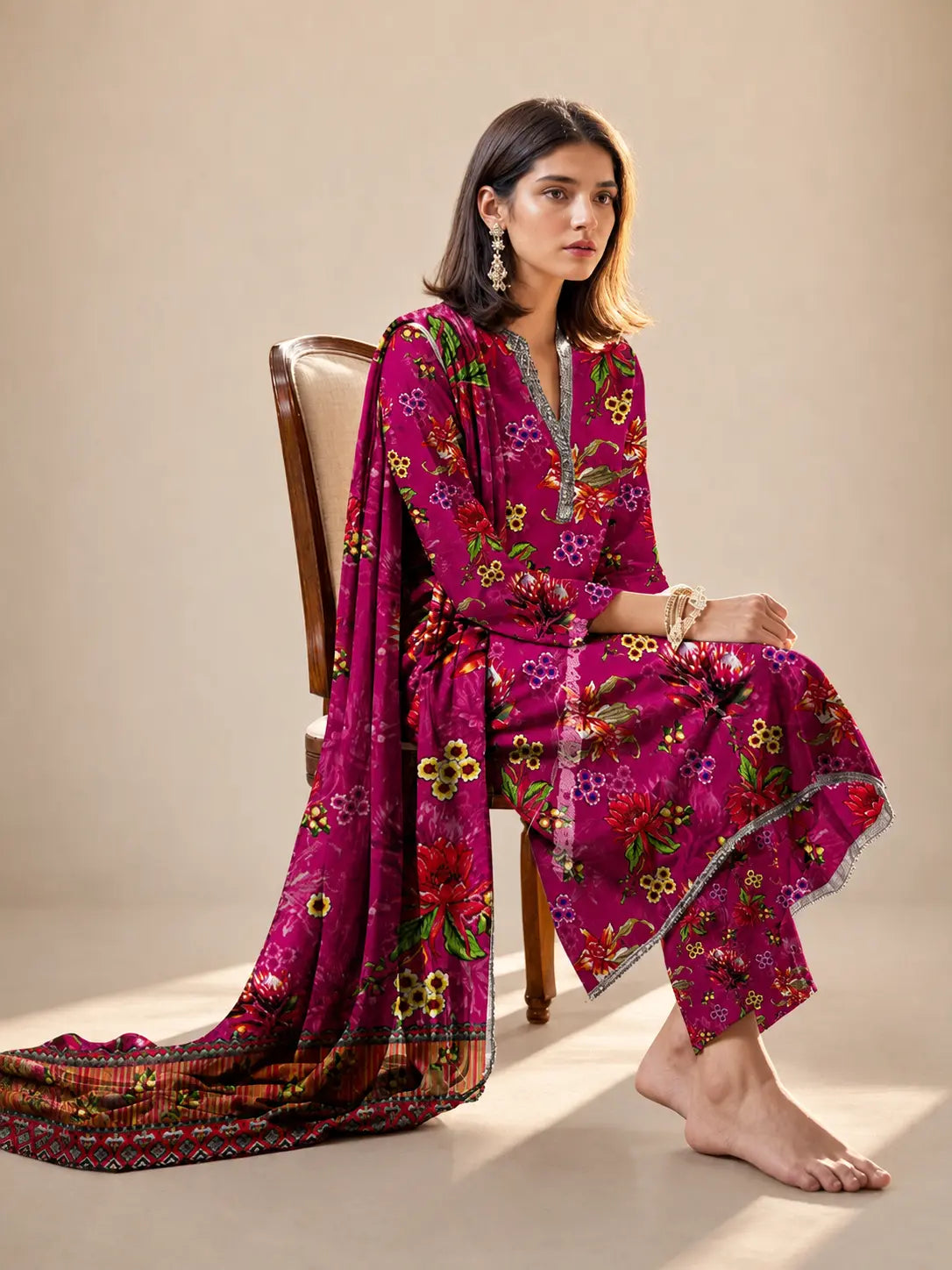 Statement Digital Printed Linen 3 Piece Unstitched Suit with Printed Shirt Dupatta and All-Over Printed Trouser