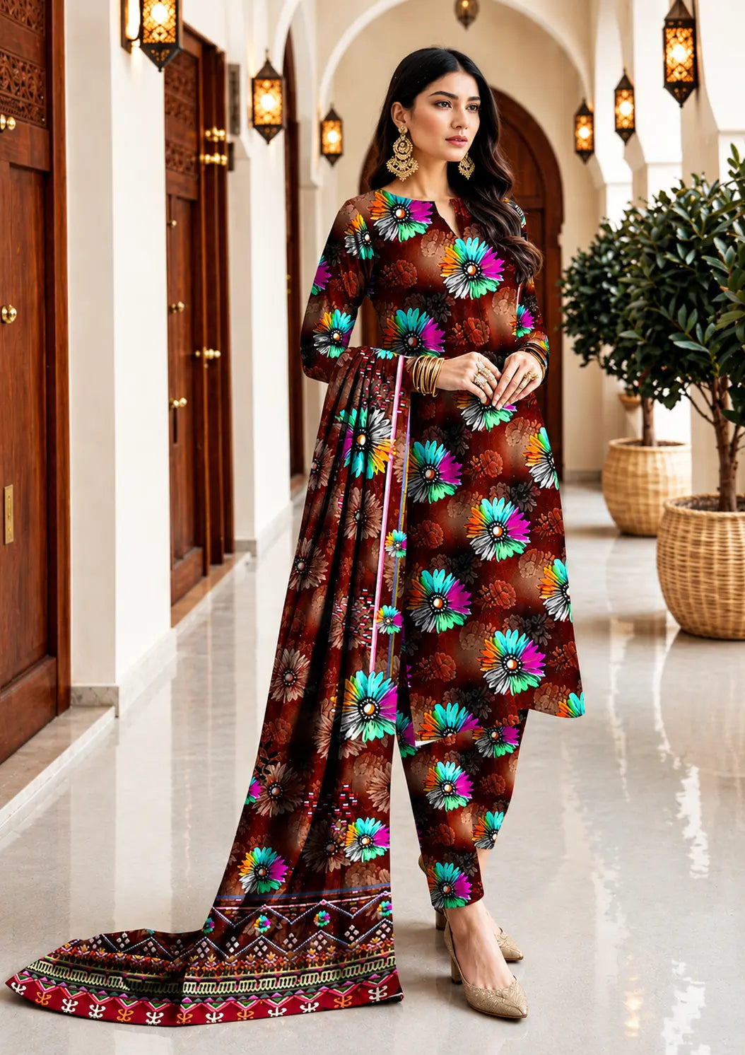 Elegant Digital Printed Linen 3 Piece Unstitched Suit with Printed Linen Shirt Dupatta and All-Over Printed Trouser
