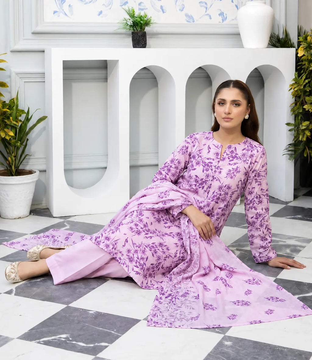 Premium Lawn Digital Print 3 Piece Unstitched Suit for Women with Voile Dupatta & Airjet Cotton Trouser
