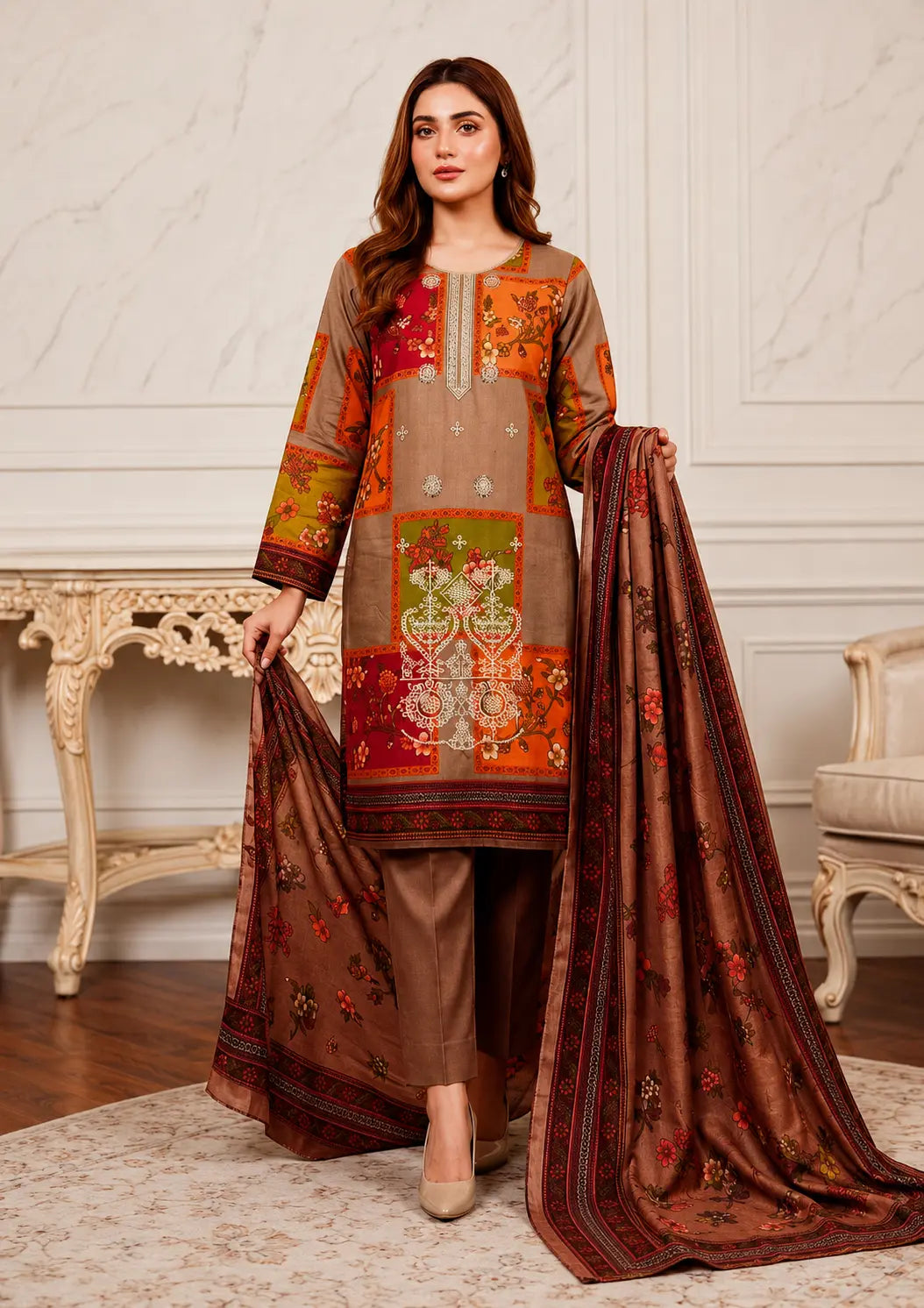 Luxury Winter Dhanak 3 Piece Unstitched Suit with Embroidered Shirt Printed Wool Shawl and Dyed Trouser
