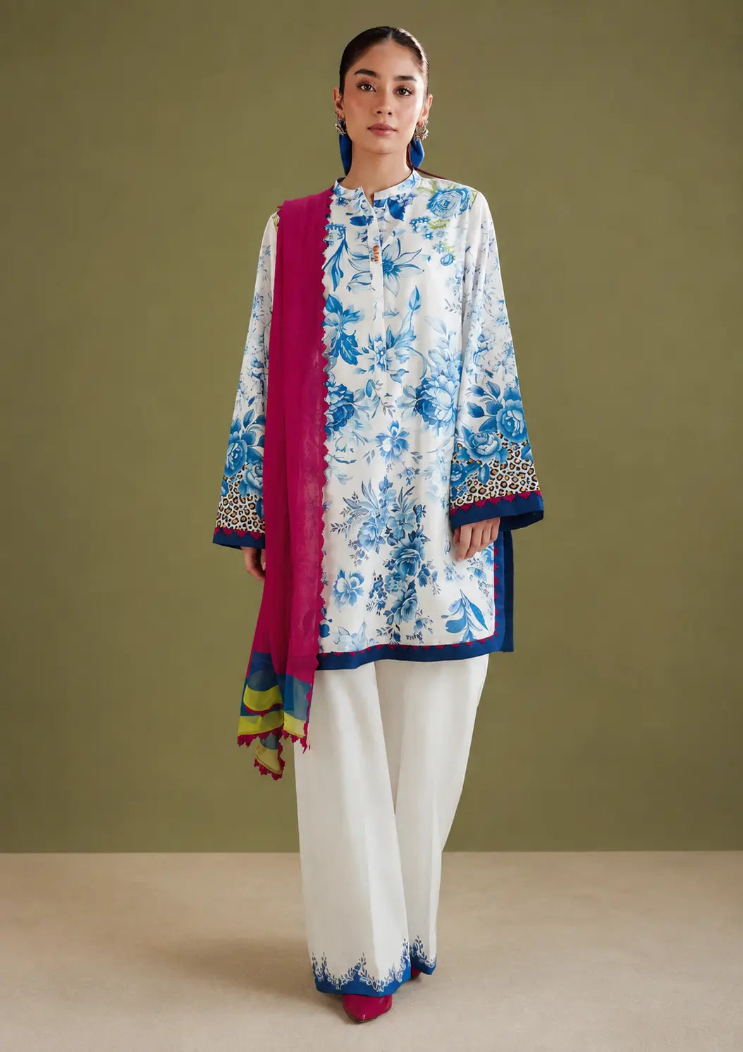 Pearl White Printed Lawn 3 Piece Suit with Blue Rose Floral Shirt Hot Pink Dupatta and Printed Trouser
