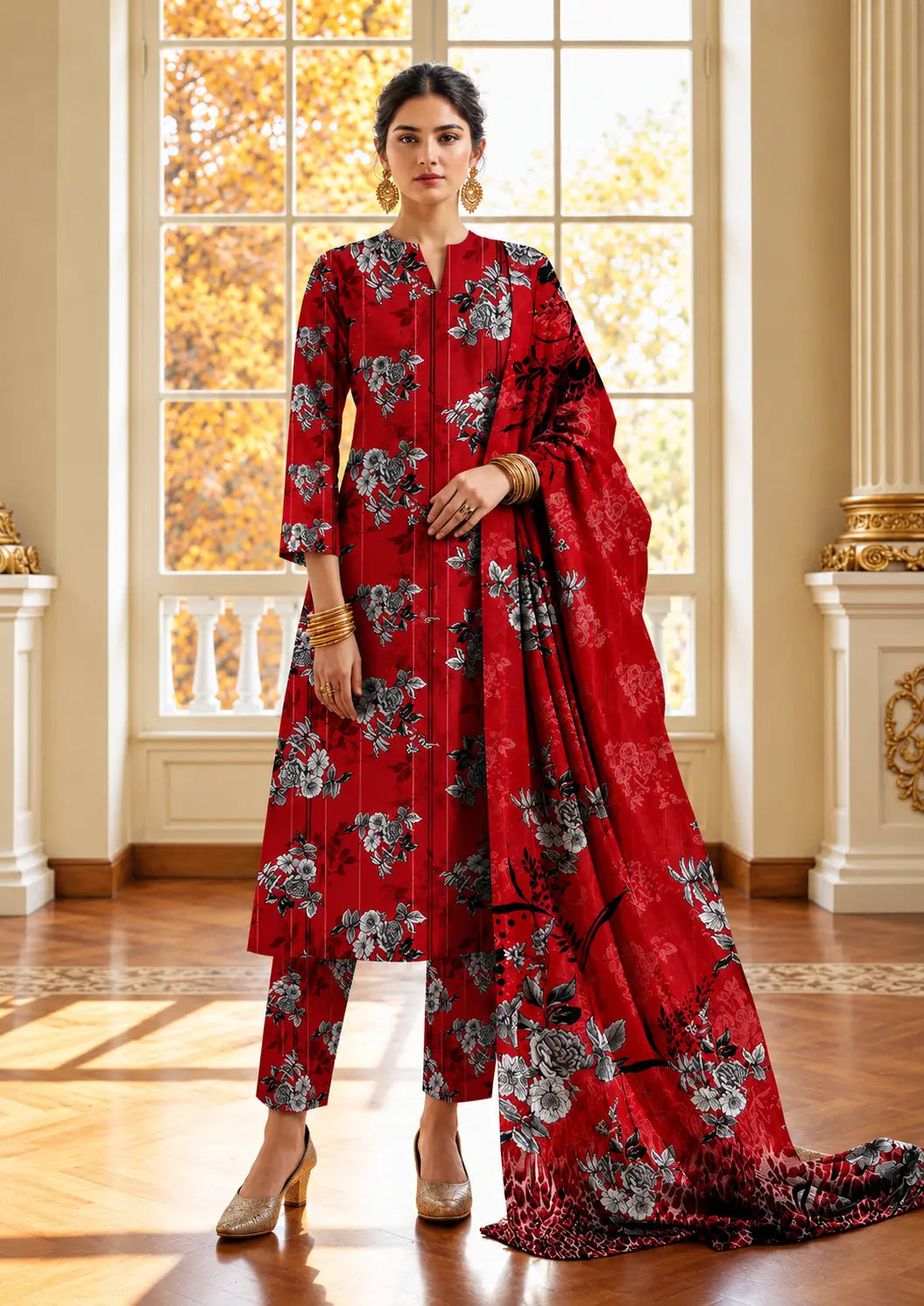 Premium Digital Printed Linen 3 Piece Suit – Coordinated Winter Print