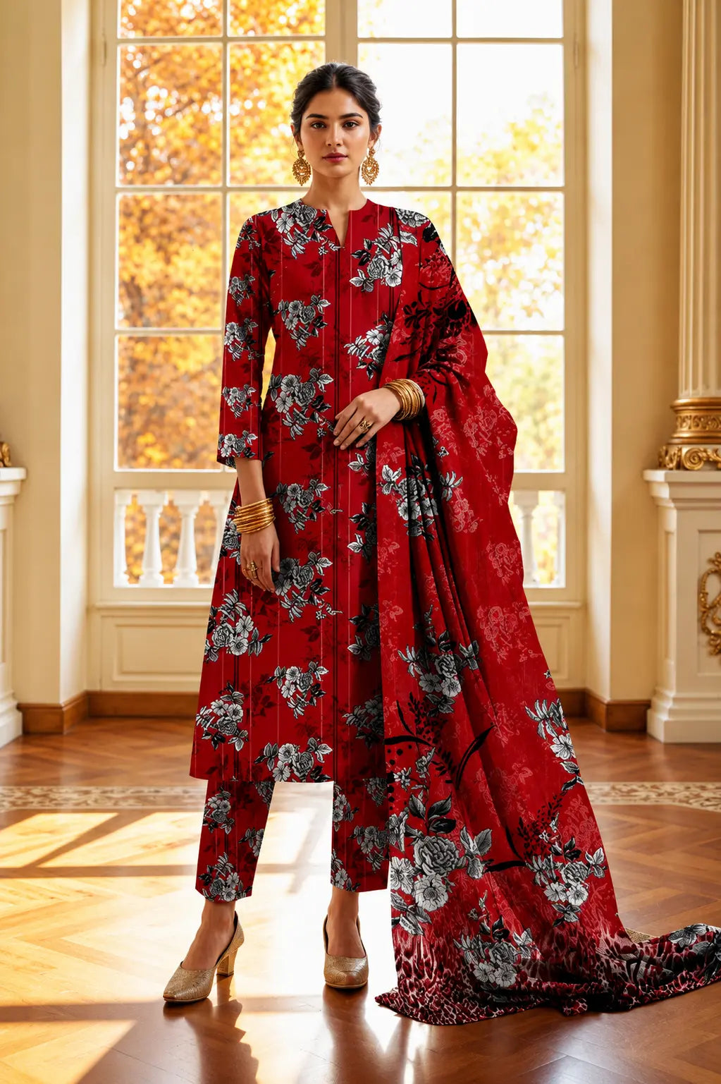 Premium Digital Printed Linen 3 Piece Unstitched Suit with Digital Printed Dupatta and All-Over Printed Trouser
