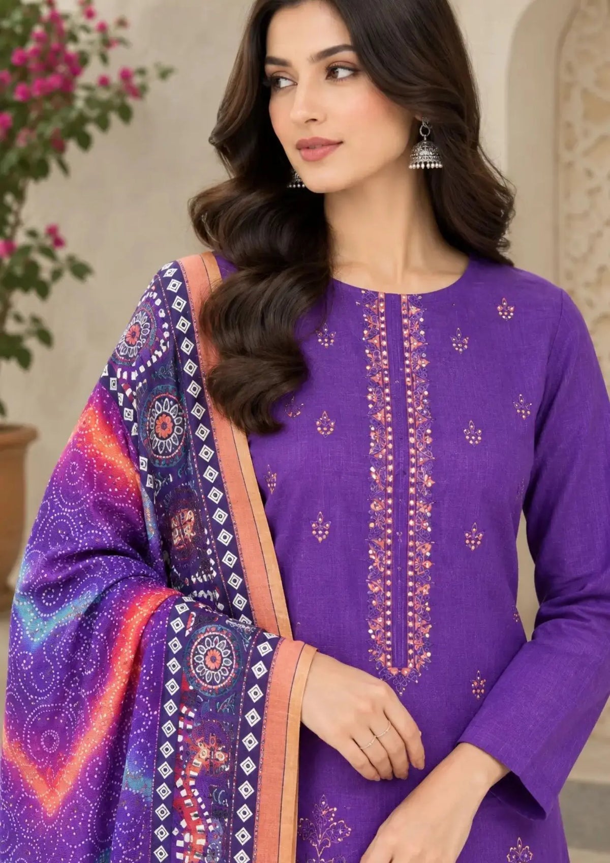 Unstitched Khaddar suit with embroidered front shirt, printed dupatta and plain trouser

