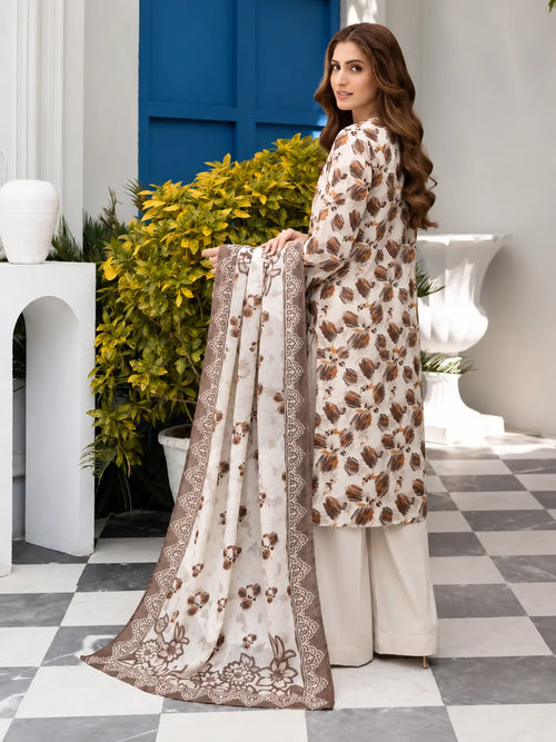 Women's Premium Lawn Digital Print 3 Piece Dress featuring a Premium Voile Dupatta and Airjet Cotton Dyed Trouser
