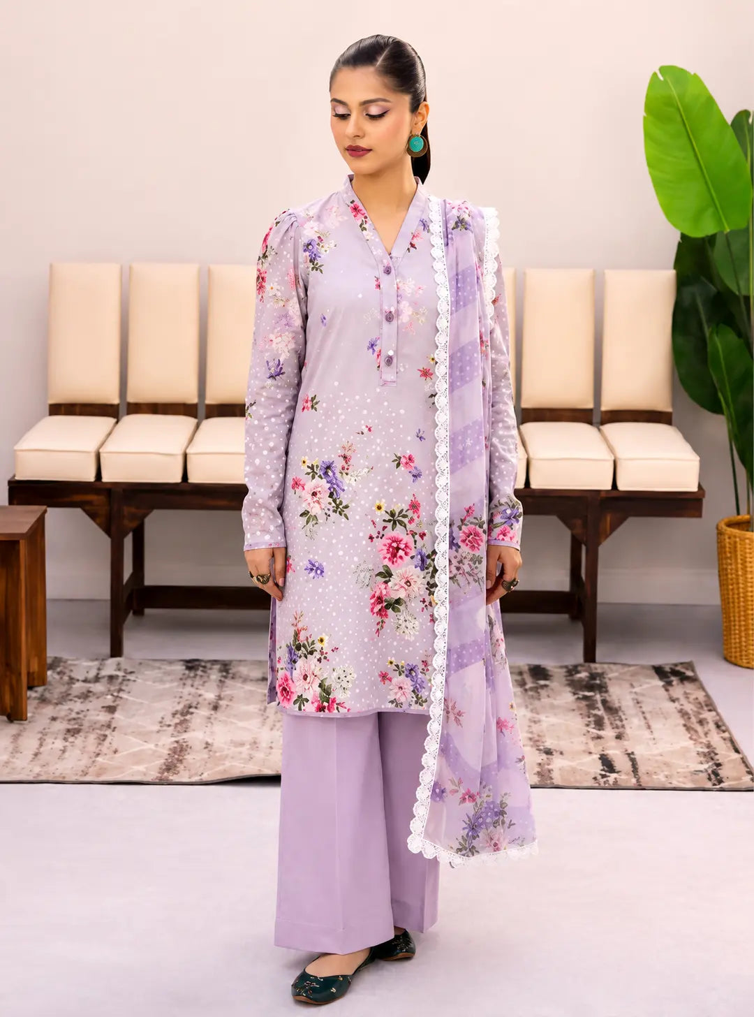 Luxury women's unstitched lawn 3 piece dress with printed shirt and lace dupatta