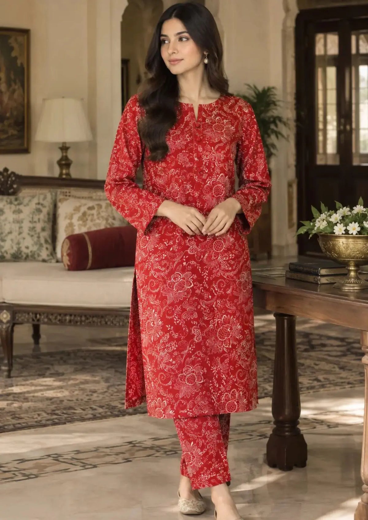 Red printed Khaddar 2 piece suit with floral patterned shirt and matching trouser
