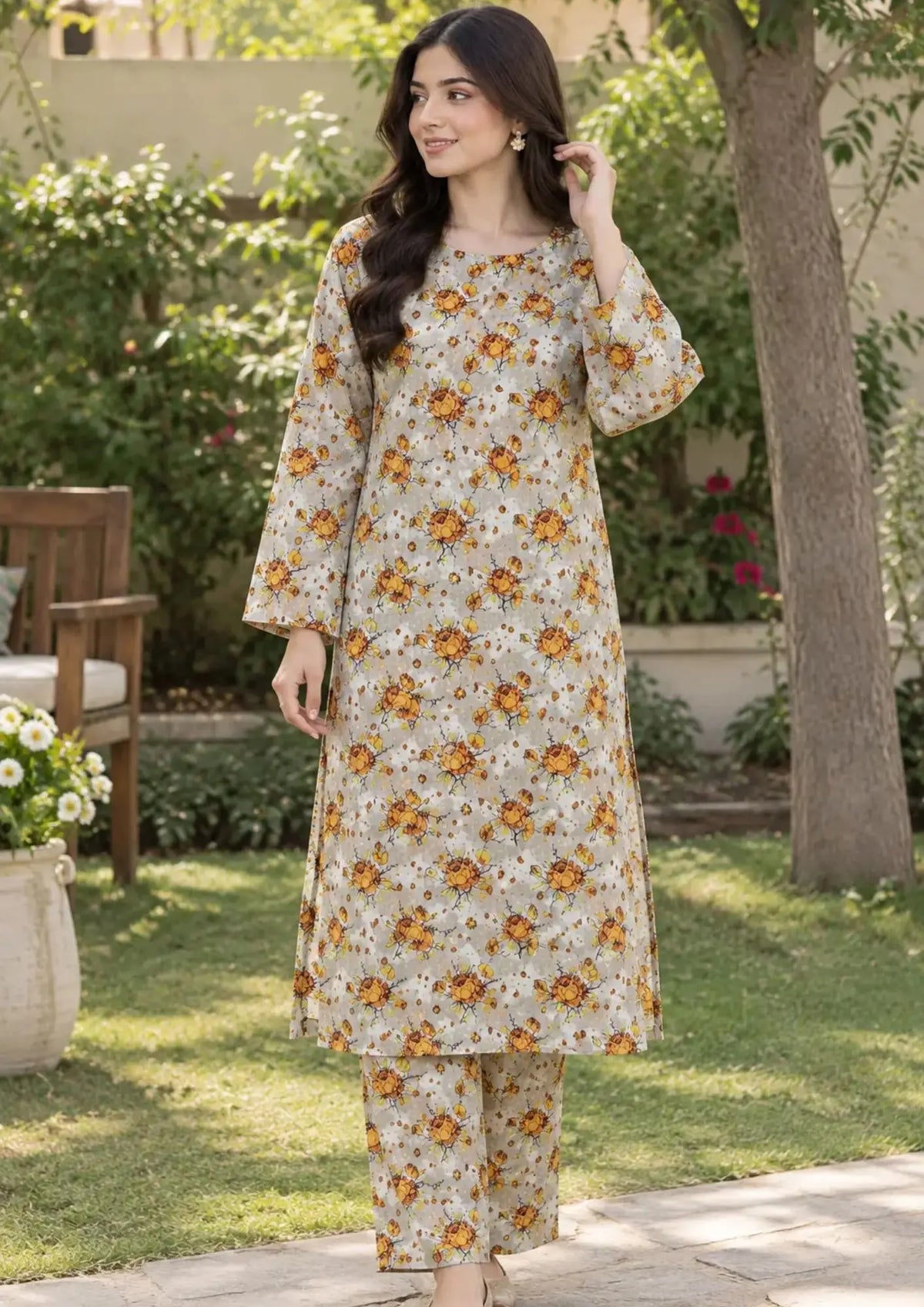 Floral printed Khaddar 2 piece suit with matching printed shirt and trouser

