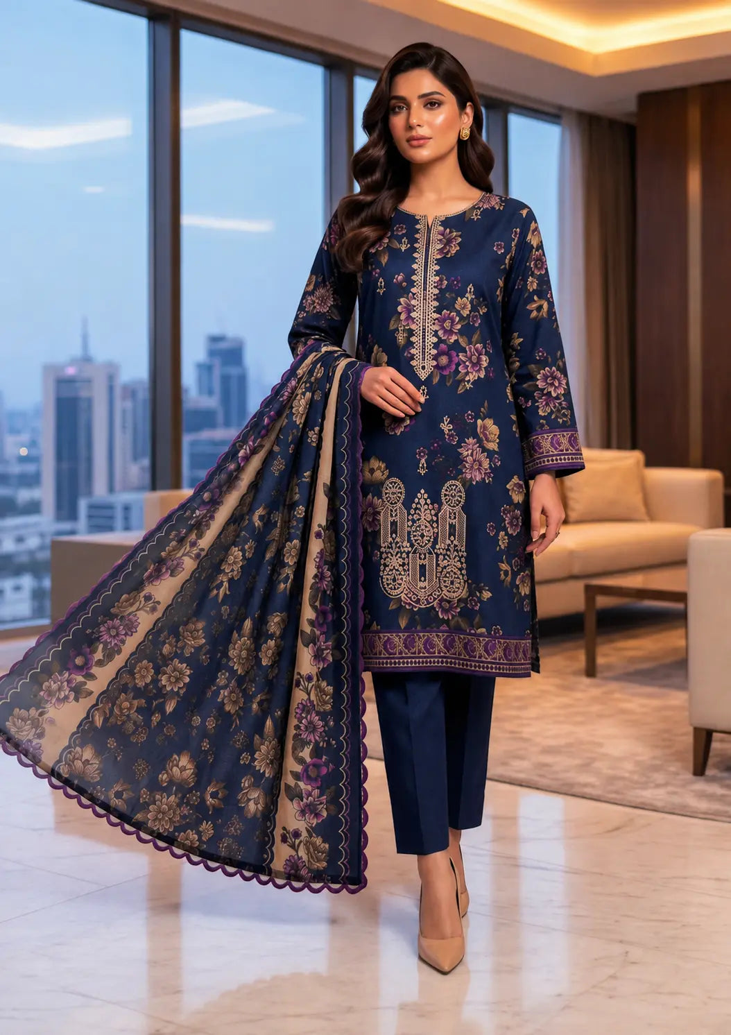 Signature Embroidered Shirt 3 Piece Unstitched Suit with Printed Dupatta and Dyed Trouser
