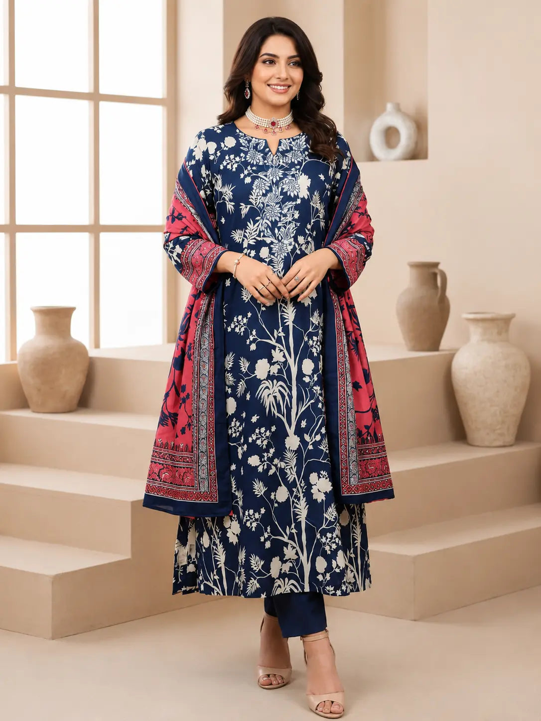 3 Piece Printed Lawn Suit with Printed Lawn Shirt, Printed Lawn Dupatta and Dyed Cotton Trouser